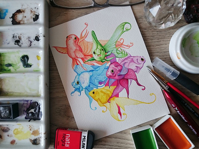 Goldfishes aquarell colorful composition drawing fish goldfish miniature painting paper sketch water watercolor