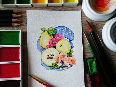 Quince Liqueur - Local Brand's Label aquarell badge botanical brand composition illustration label liqueur painting quince watercolor watercolour painting