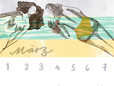 March art beach calendar design digitalart illustration march matildamaya minimal painting sea swim women