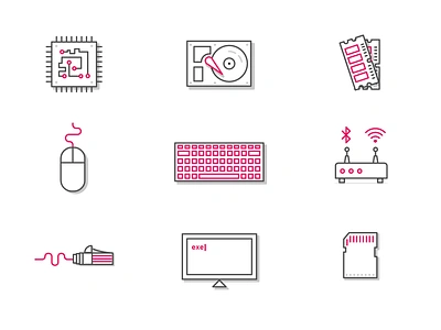 Chip - $9 Computer Icons for Kickstarter chip computer ethernet flat icon linework monoline router set