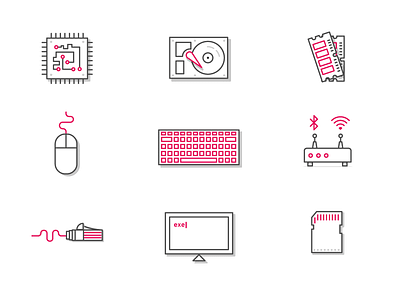 Chip - $9 Computer Icons for Kickstarter chip computer ethernet flat icon linework monoline router set