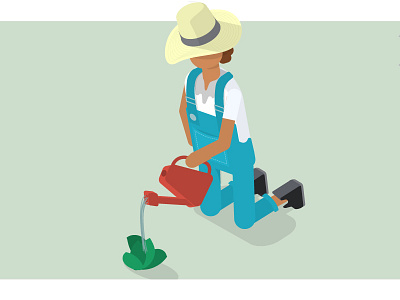 Lady 3d can farmer gardener isometric seed sunhat vector watering woman