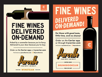 Parcelle Ad Paste-Ups ads copywriting delivery fine wine pasteup poster retro wine wine bottle