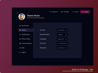Daily UI 07: Settings country currency daily ui daily ui 007 daily ui challenge dark blue dark mode desktop design language maroon practice province region settings settings page state timezone ux design uxui