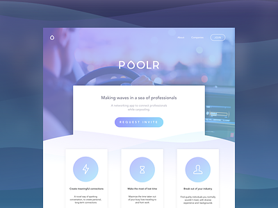 Poolr Landing Page branding carpooling identity landing page networking poolr product rideshare ui design water waves website
