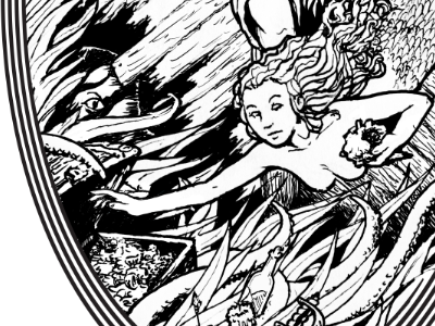 Corryn Moe, Shipwreck Tattoo, Detail bw drawing illustration mermaid ship tattoo water