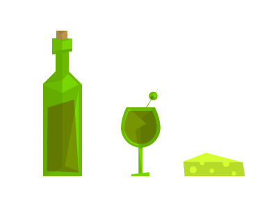 Wine & Cheese alcohol bottle cheese clean flat food geometric glass glass bottle green illustration wine
