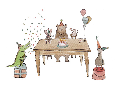 Party animals bear birthday birthday card book character children illustration ink kids party watercolor