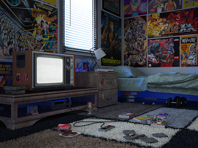 90's gamer room 3d art anime old room streetfighter