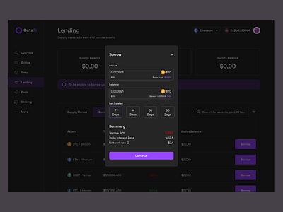 Defi - Borrow Modal 3d app aurora backgroung blockchain branding challenge colorful crypto dailyui dashboard defi design druids illustration nft octavian ui uiux ux web3