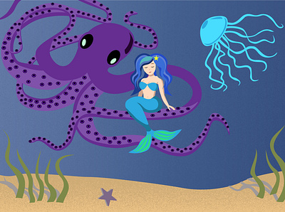 Octopus and Mermaid digital art drawing flat illustration jellyfish mermaid octopus vector vector art