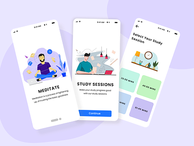 Meditate and study sessions app app ui appdesign branding concept design meditate meditation mobileapp study typography ui uidesign uiux userexperience ux uxdesign