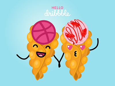 Hello Dribbble couple cream cute day design dribbble flat food hello ice illustration kawaii love valentine vector