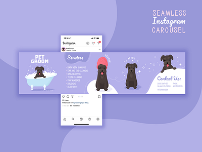 Instagram post design carousel character cute design dog flat grooming illustration instagram pet post purple salon