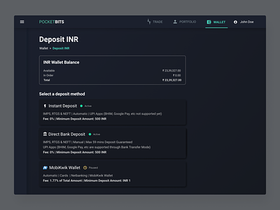 INR Deposit screen UI bank transfer cryptocurrency deposit funds payments ui product design trading ui ux web