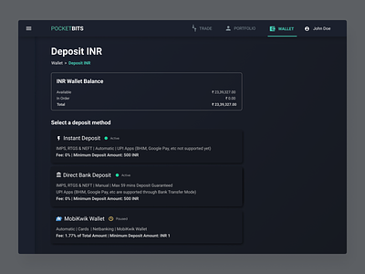 INR Deposit screen UI