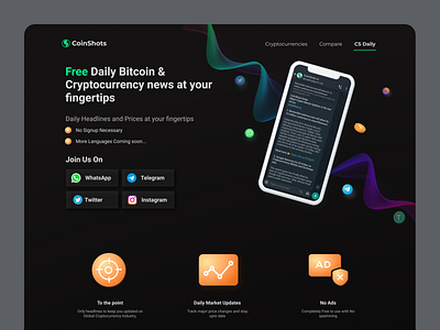 Crypto News App Landing Page - Coinshots branding cryptocurrency design ui ux web