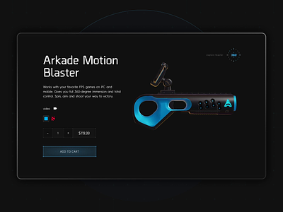 Arkade Motion Blaster 360 view 3d animation blaster blue cyber dark ecommerce games gaming interface motion design ui web design