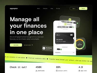 Financial aggregator concept 💸 - landing page home page ui aggregator animation dashboard financial aggregator homepage interactive design landing page money app payment app ui