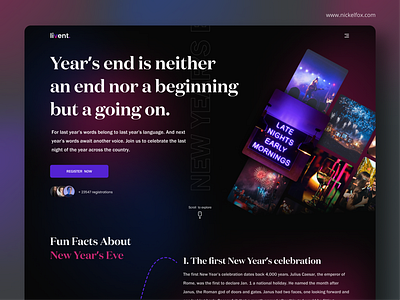 New Year's Eve - Events Website Concept 2021 2022 adobexd cheers to the new year christmas ui dailyui dark mode darktheme events website figma happy new year landing page landing screen merry christmas new year website uidesign userexperience userinterface webdesign websiteconcept