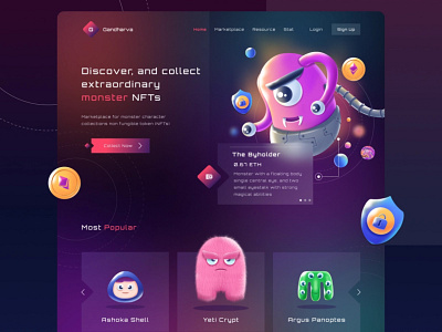 Monster NFT Marketplace Website design illustration ui