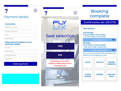 Selected screen states for FlyUX app branding ui ux