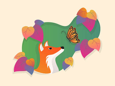 Fox and a Butterfly art butterfly colorful design flat flatdesign fox illustration illustrator leaf minimal simple vector