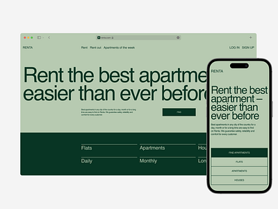 Renta – Rent an apartment design green monochrome rent swiss typography ui ux web website