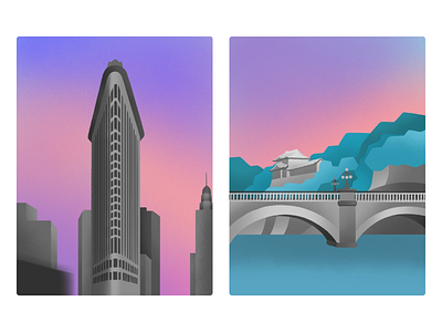 Flatiron Building & Tokyo Imperial Palace graphic design illustration