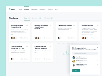 Pipelines List candidate hire hiring interview job permissions pipeline recruitment task tech workflow