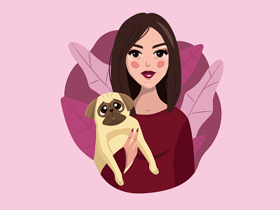 A girl with her pug adobe illustrator character design dog illustration flat girl character illustration pug vector art vector illustration violet