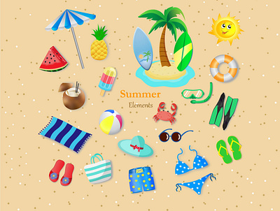 Set the summer elements ball beach cartoon cerf crab design icons illustration image lifebuoy palm set summer sun vector water