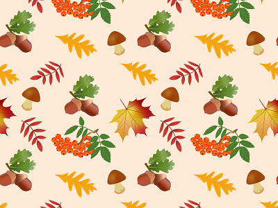 Autumn seamless pattern. Maple, acorn, rowan, mushroom, leaves. season