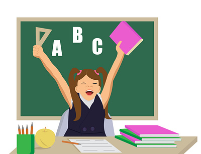 A girl in school. The schoolgirl at the desk is happy study