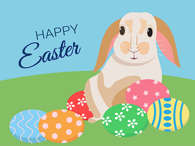 Easter greeting card with a rabbit. Vector illustration eggs fun