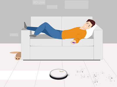 Smart home appliances robot vacuum cleaner cat cleaner design flat home illustration man minimal remote control robot vacuum cleaner smart technical vector