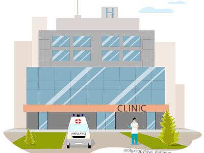 Ambulance and hospital building ambulance and a doctor. ambulance building car clinic design doctor flat hospital illustration illustrator outside people sity vector