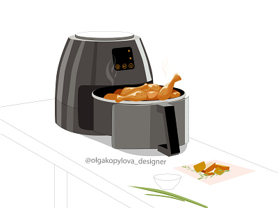 We cooked a delicious chicken in an air fryer. Smart technology air fryer art chicken cooked delicious food design flat illustration illustrator minimal smart tasty technology vector