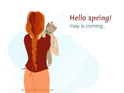 Red-haired girl and cat welcome spring art cat design flat girl illustration illustrator people pet spring style vector welcome