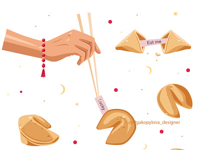 A set of Chinese cookies with predictions art chinese food cookies design flat food fortune cookie illustration illustrator minimal sweet tasty vector