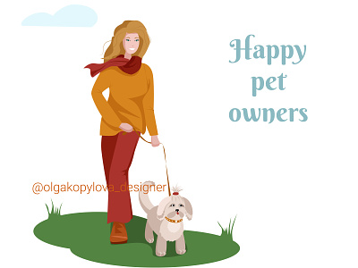 Happy pat owners. A girl walks with a dog design dog flat girl illustration illustrator lapdog minimal owner pet style vector walk