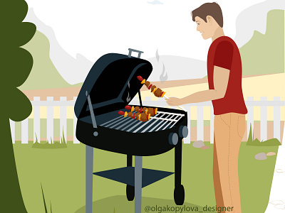 A man prepares a barbecue in the backyard of the house
