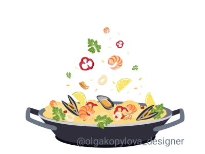 Spanish paella with seafood in a frying pan cooking design flat food illustration illustrator paella seafood spanish style vector