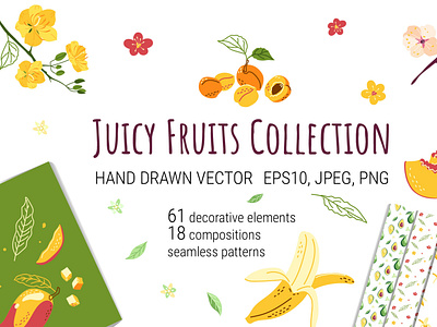 Juicy Fruits collection on Creative Market apricot blossom banana collection eat flower food fruit fruit sets fruits illustration juicy juicy fruit patterns vector