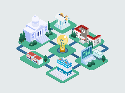 Startup Ecosystem building city connected ecosystem idea illustration isometric modern startup