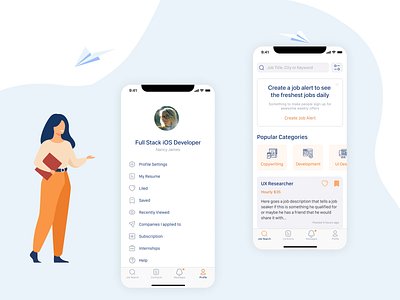 Profile and Job Board Screens illustraion job listing minimalistic mobile app mobile design ui