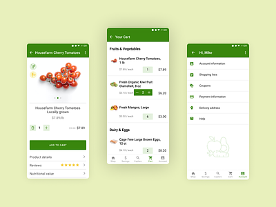 E-commerce Grocery store design for Android android grocery app list material mobile app mobile design product page prototype animation user account ux