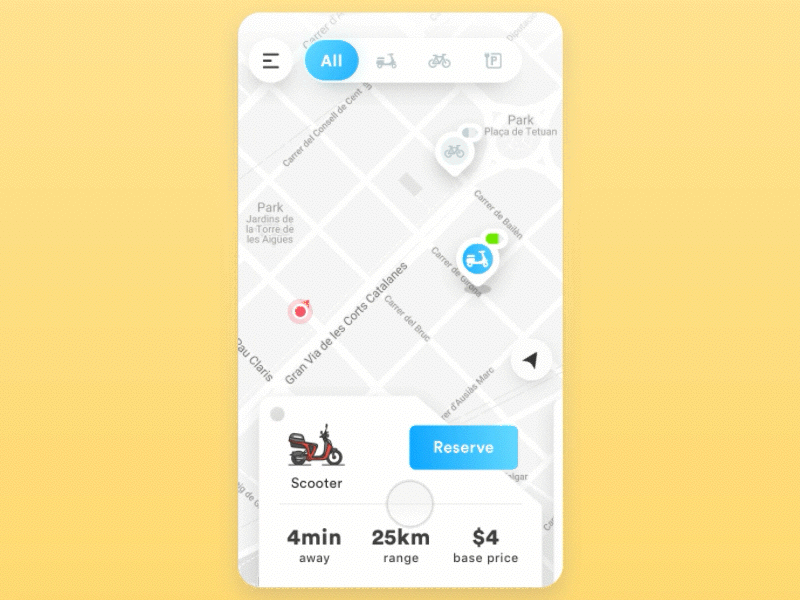 🛵 Electric scooter. Compare & Reserve app battery bike electric interaction maps mobile scooter ui urban ux yellow