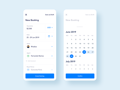 Booking Management App. Create a New Booking app artists blue booking calendar design dj events manage management minimal mobile screen ui ux