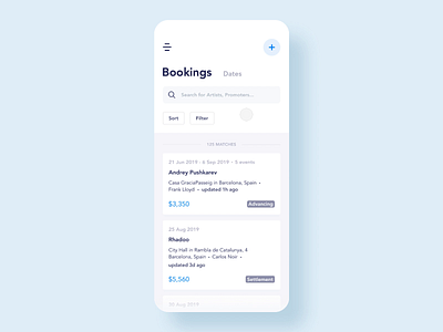 Booking Management App Design app app design artists blue booking design dj interaction menu micro interactions minimal mobile screens ux